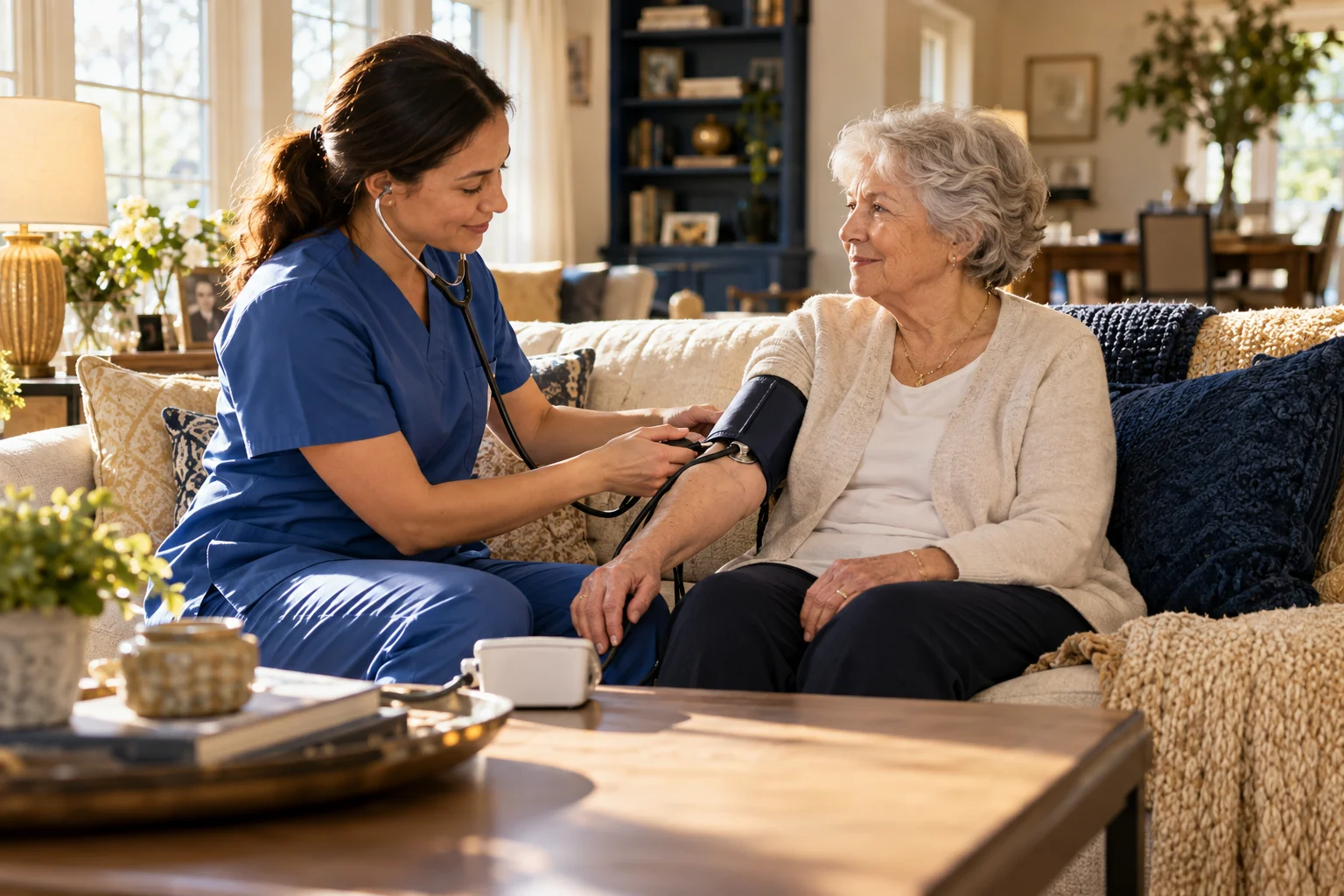 Home health nurse checking a patient's blood pressure