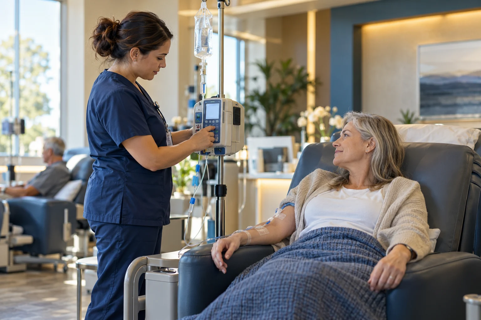 Infusion nurse checking on a patient receiving therapy
