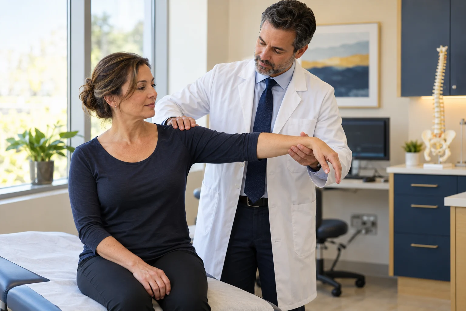 Pain management physician assessing a patient's shoulder