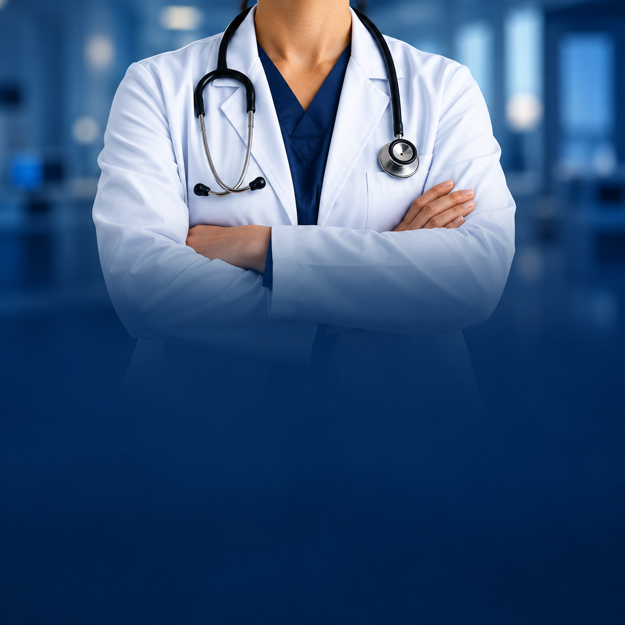 Physician in a white coat with folded arms and a stethoscope